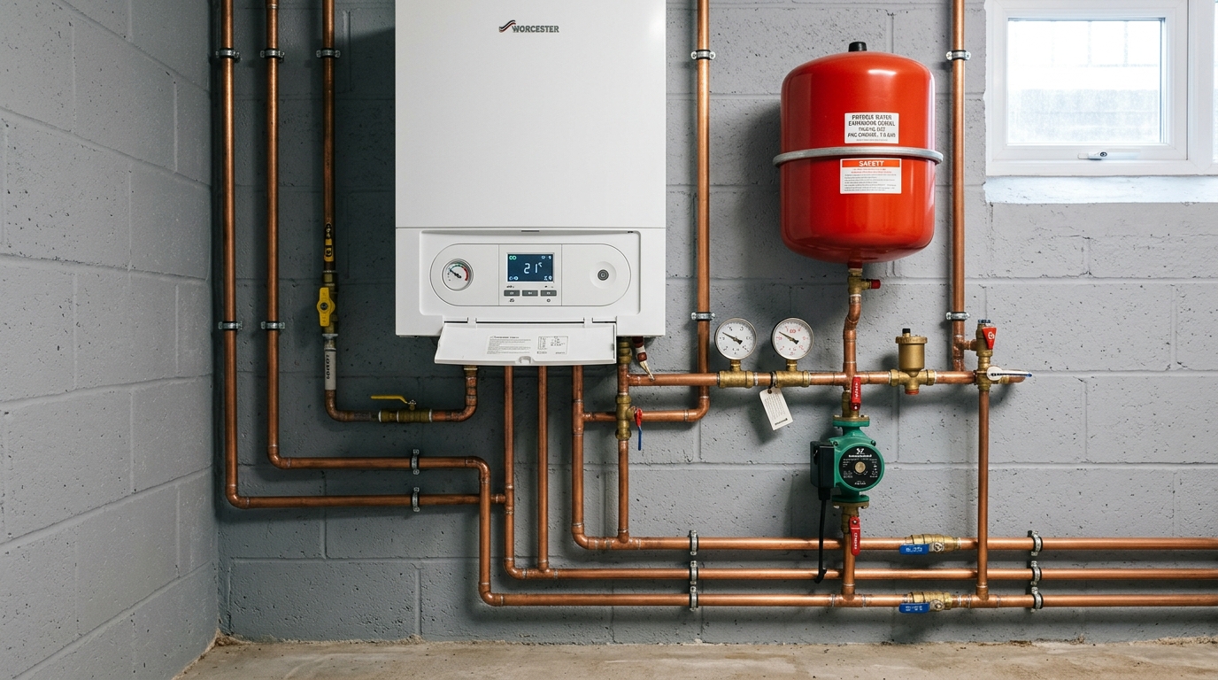 Licensed plumber installing a modern wall-mounted high-efficiency combi boiler with copper piping and expansion tank in a Fort Collins home